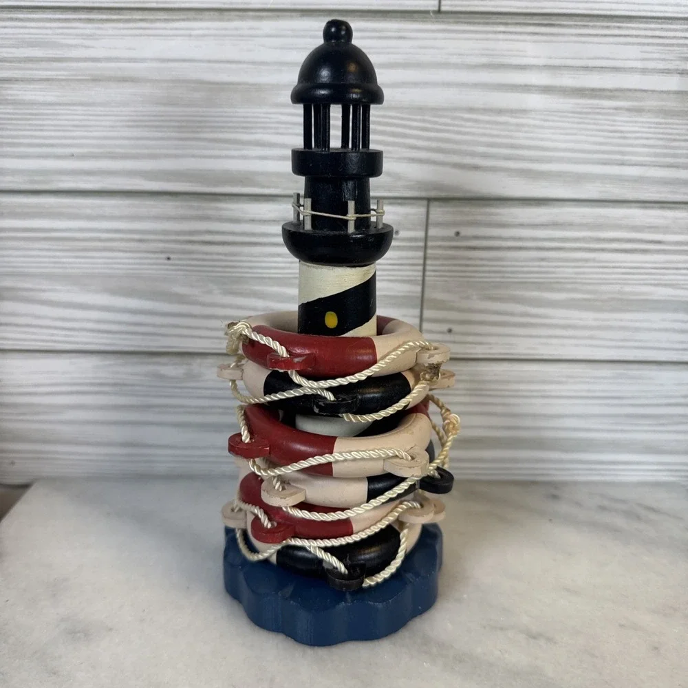 Vintage Sailaway Wood Lighthouse Caddy With 6 Napkins Rings